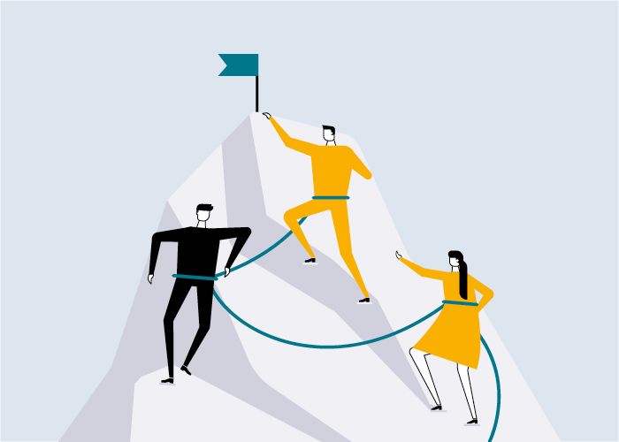 Die Grafik zeigt zwei Männer und eine Frau, die eine Seilschaft bilden und einen Berg erklimmen auf dessen Spitze eine petrolfarbene Fahne zu sehen ist.