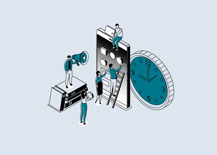 Die Grafik zeigt ein überdimensional großes Smartphone an dem drei Menschen arbeiten. Ein Mann steht mit einem Megaphon auf Büchern, im Hintergrund ist eine große Uhr zu sehen.